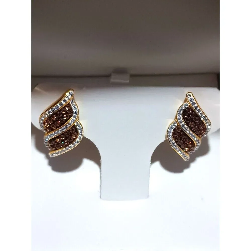 18K Gold Over Bronze Swarovski Crystal Kite Stripe Earrings - Picture 2 of 4